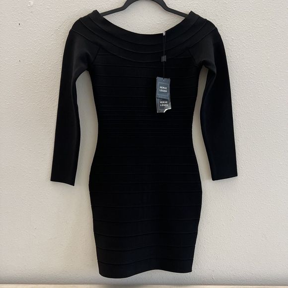 HERVE LEGER Black BANDAGE Zip-Up STRETCH RIB KNIT Bodycon MINI DRESS Sz L - Picture 1 of 12